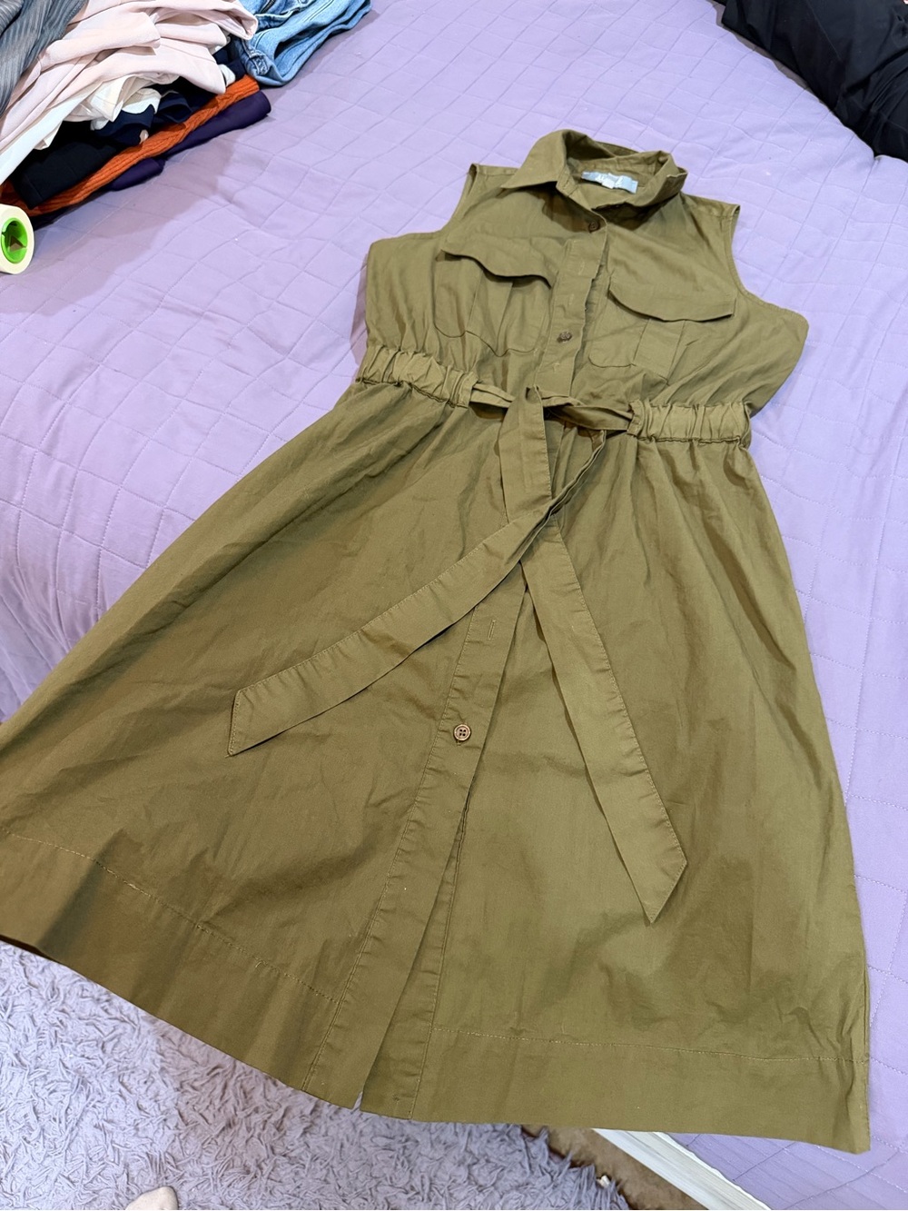 Marled Olive Green Sleeveless Shirt Dress with Waist Tie